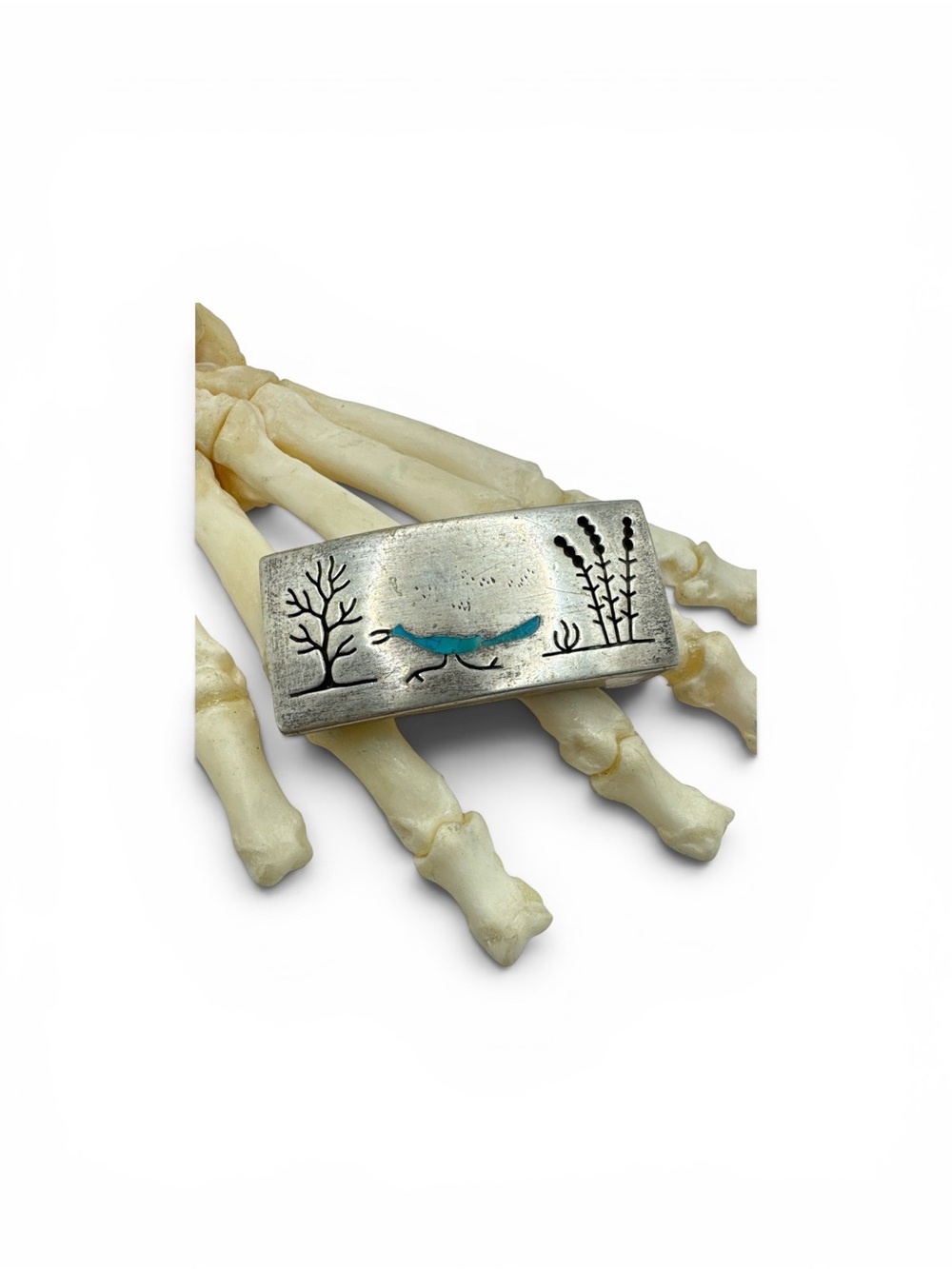 Vintage 50s Navajo Sterling Silver Turquoise Roadrunner Inlay Belt Buckle 2.25”
